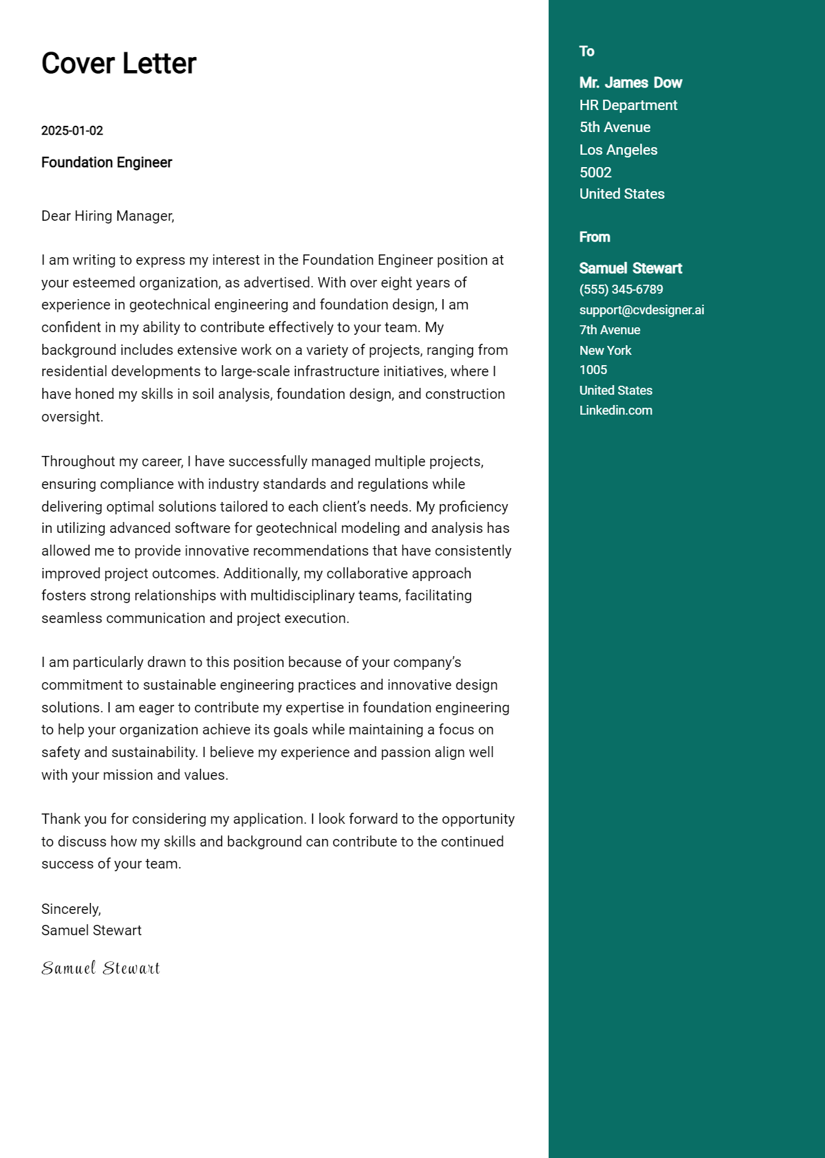 foundation engineer cover letter example