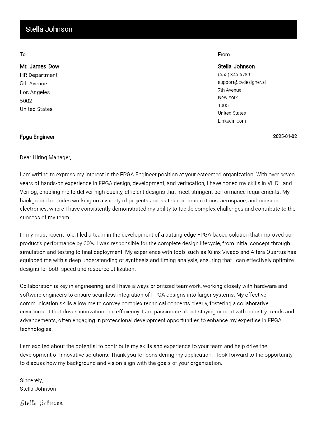 fpga engineer cover letter example