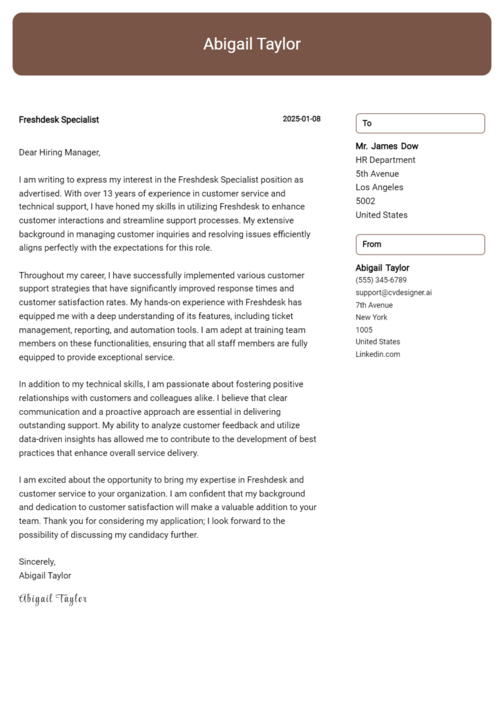 freshdesk specialist cover letter example