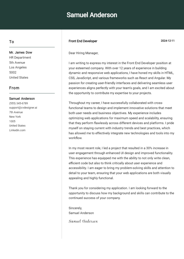 front end developer cover letter example
