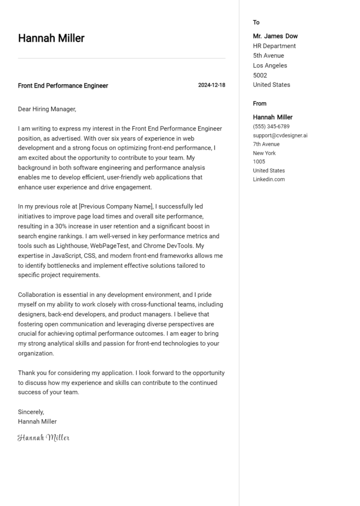 front end performance engineer cover letter example