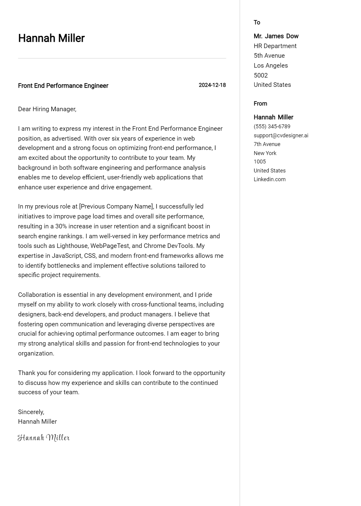 front end performance engineer cover letter example