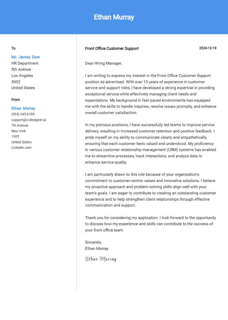 front office customer support cover letter example