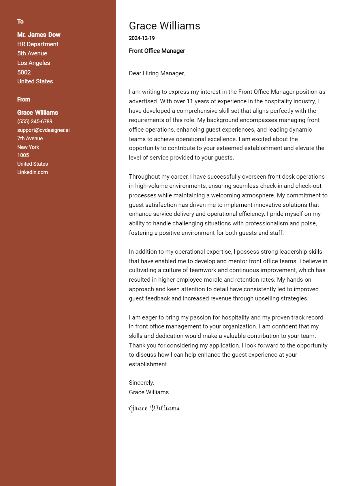 front office manager cover letter example