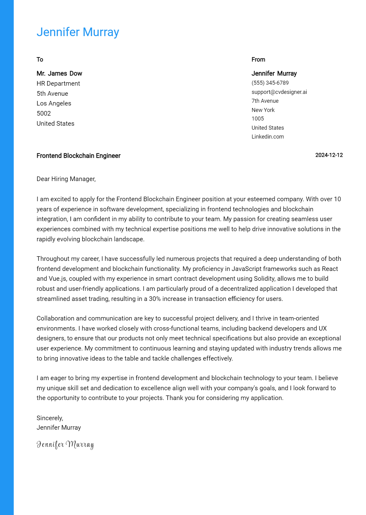 frontend blockchain engineer cover letter example