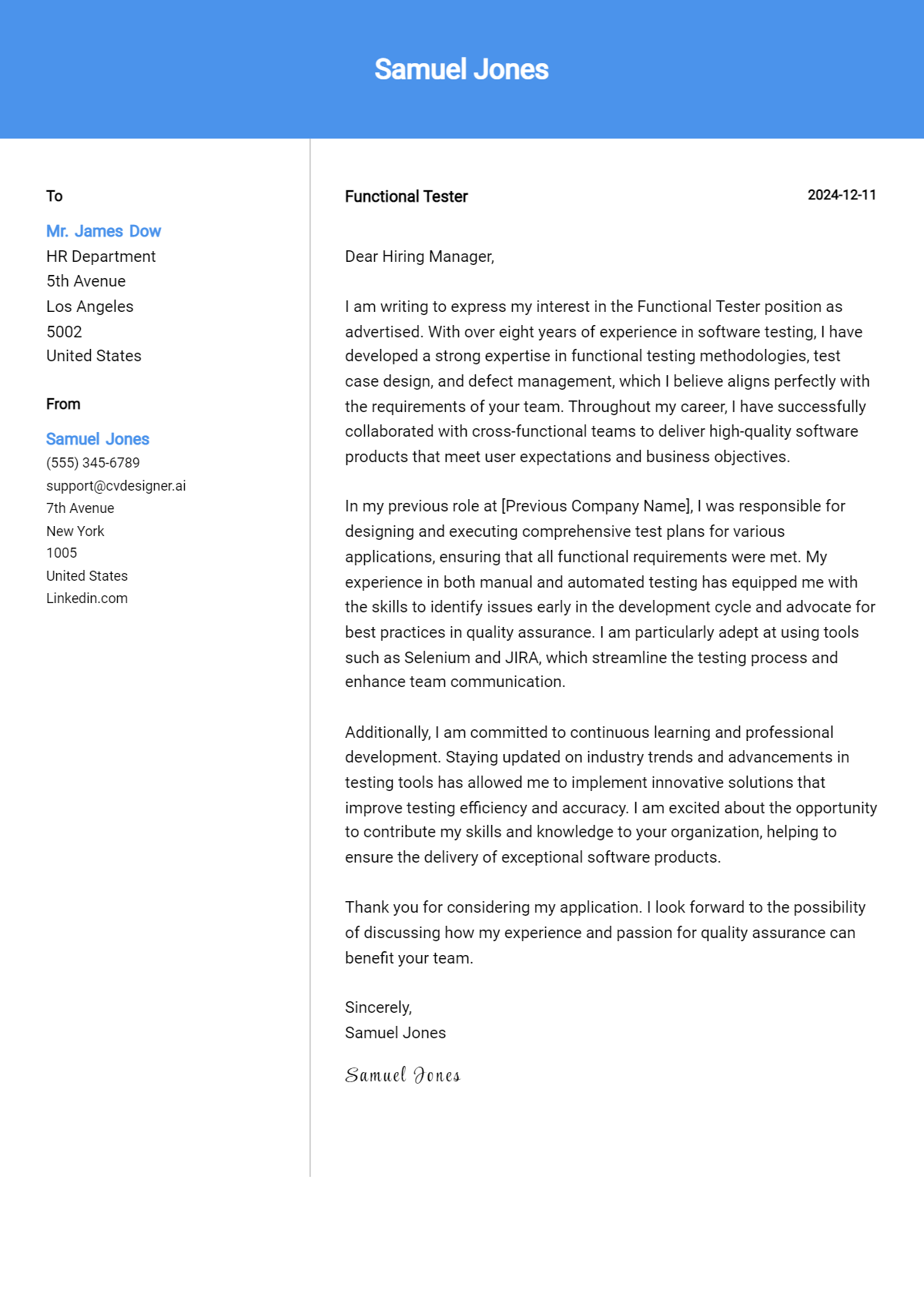 functional tester cover letter example