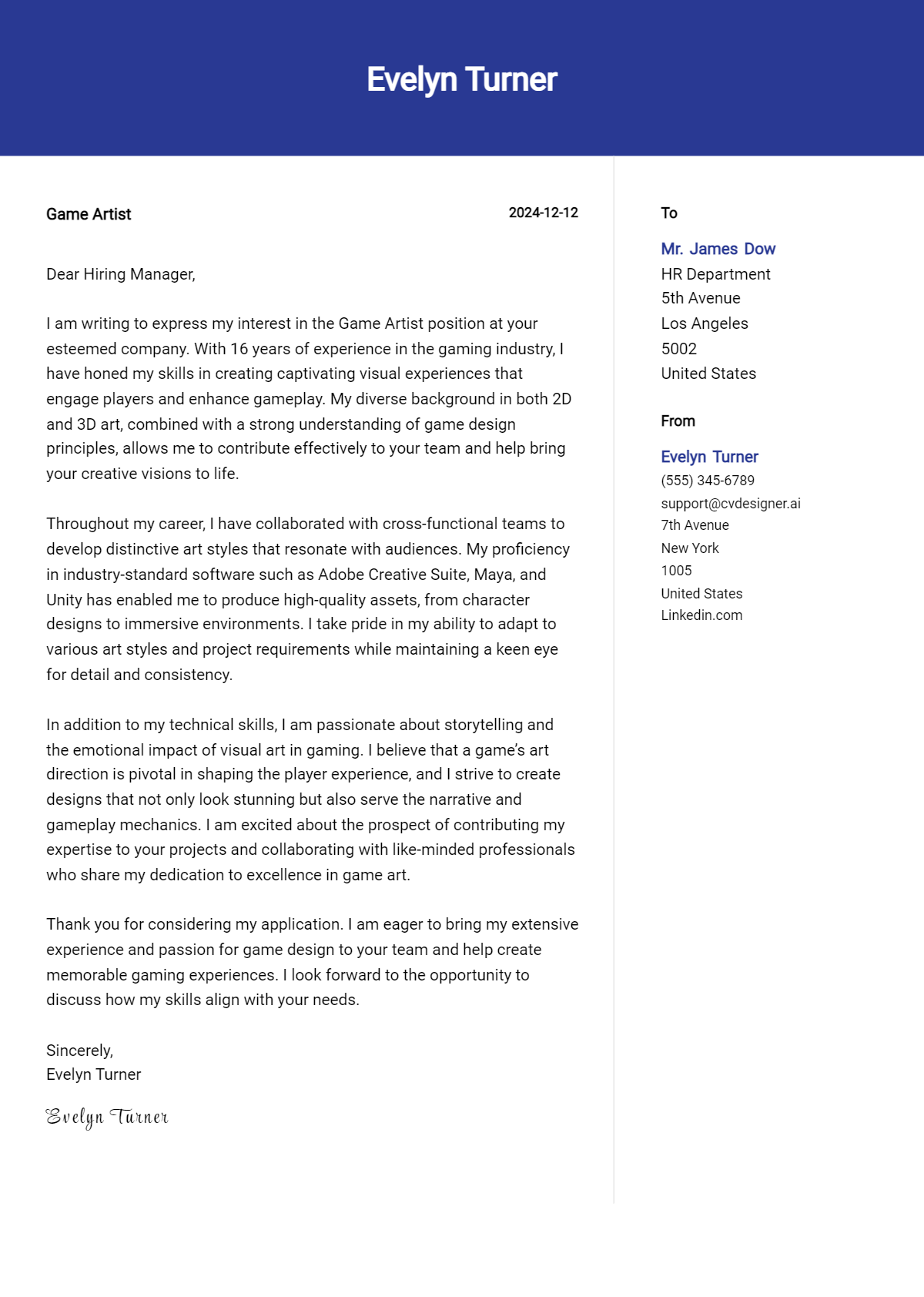 game artist cover letter example