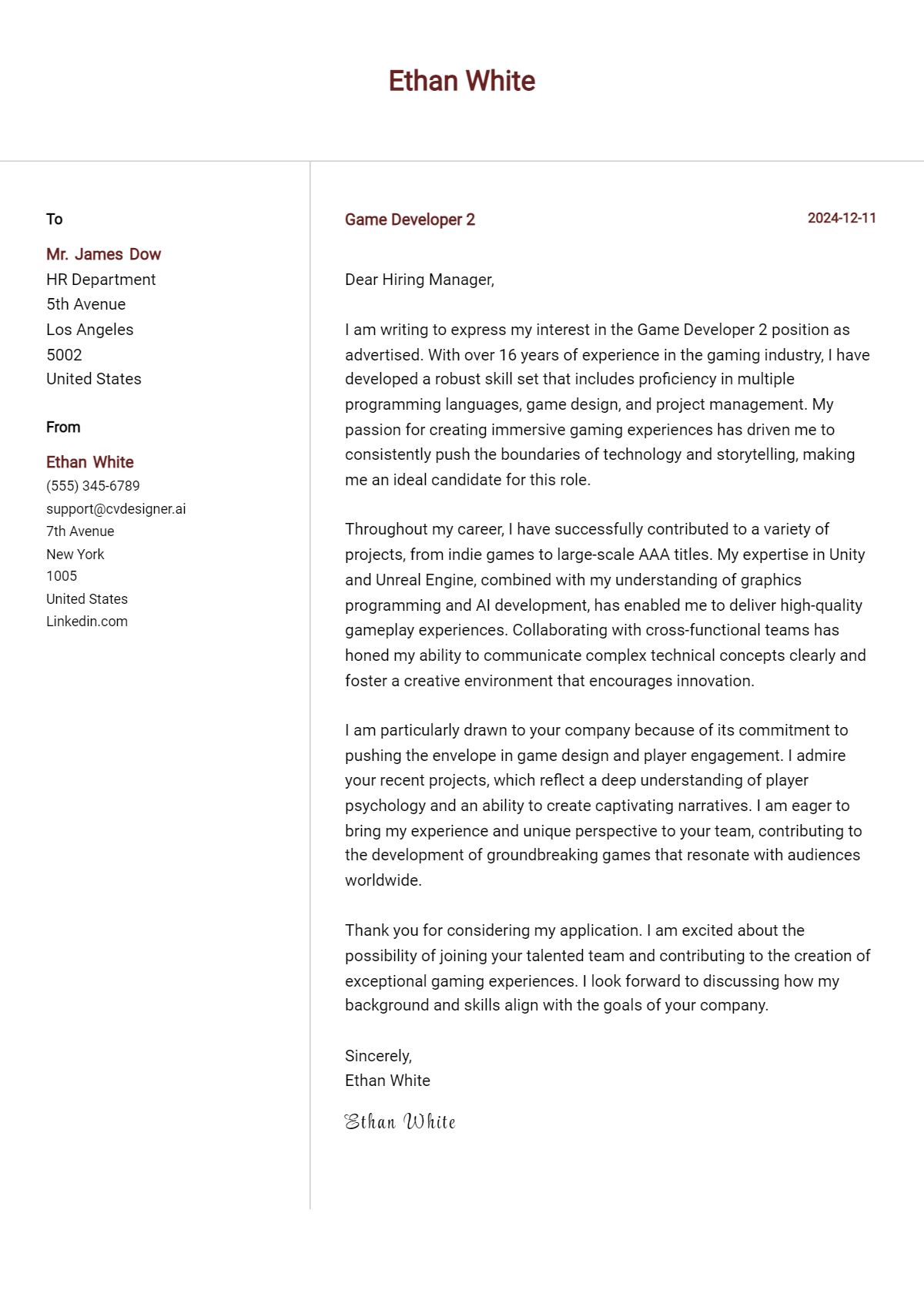 game developer 2 cover letter example