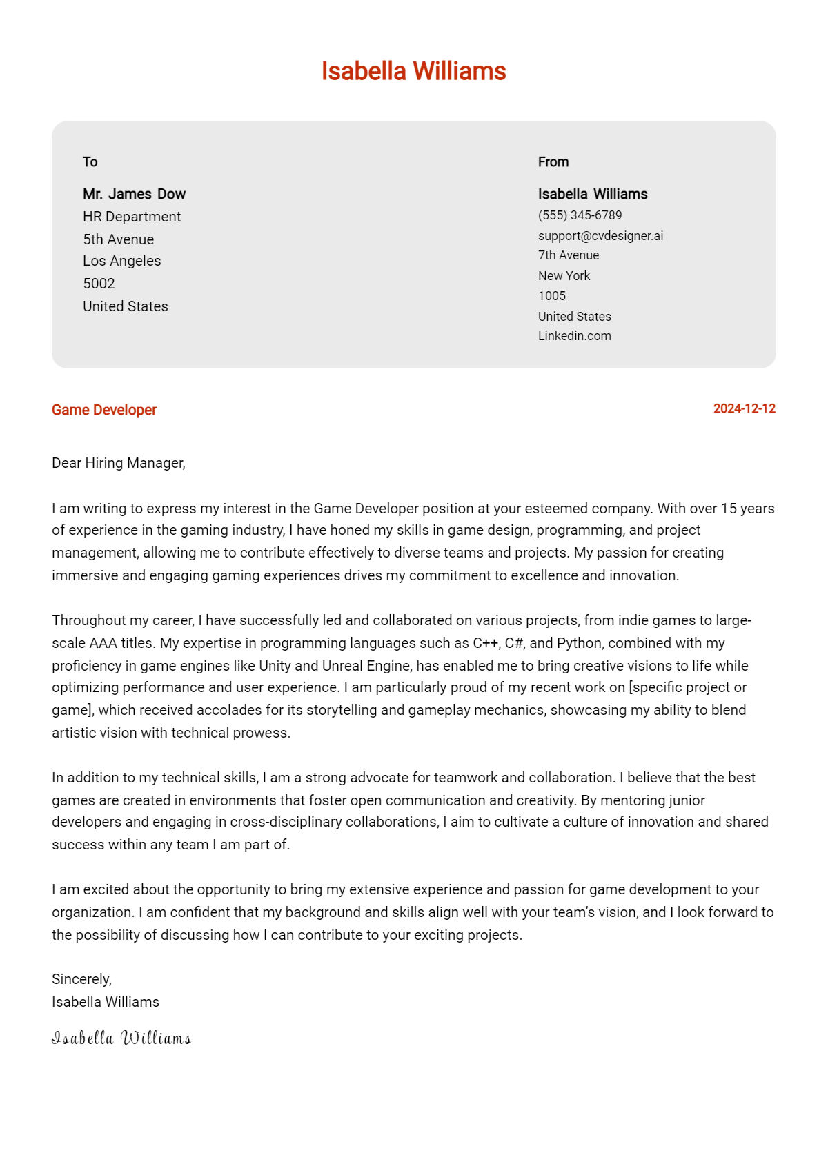 game developer cover letter example