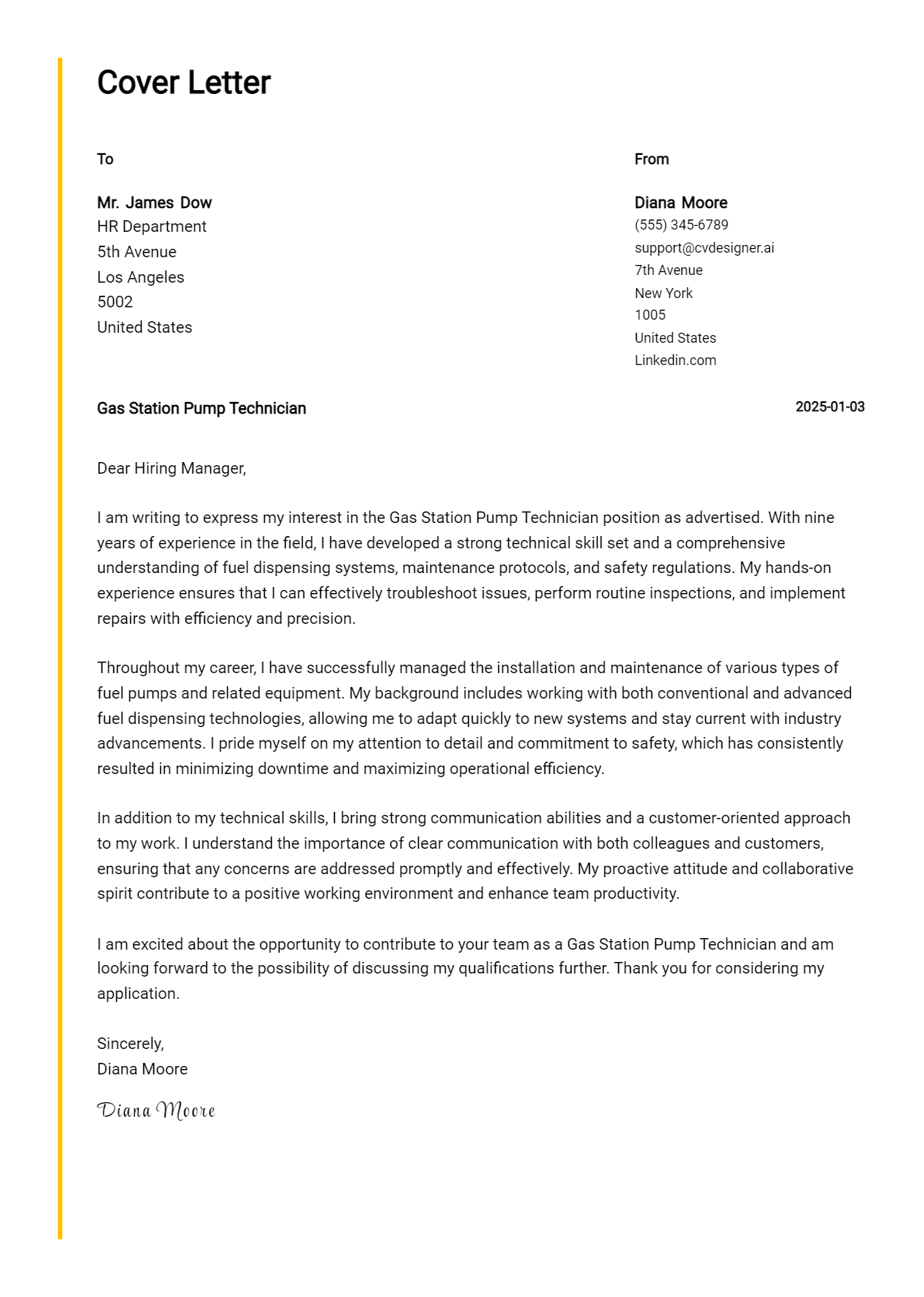 gas station pump technician cover letter example