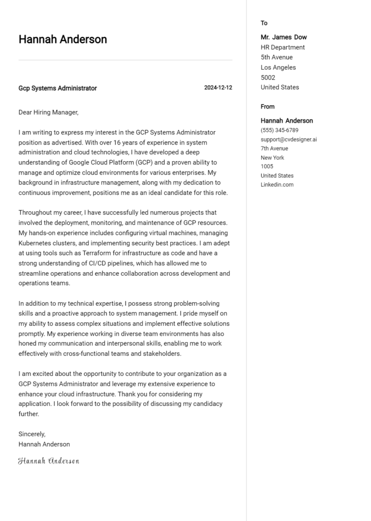 gcp systems administrator cover letter example