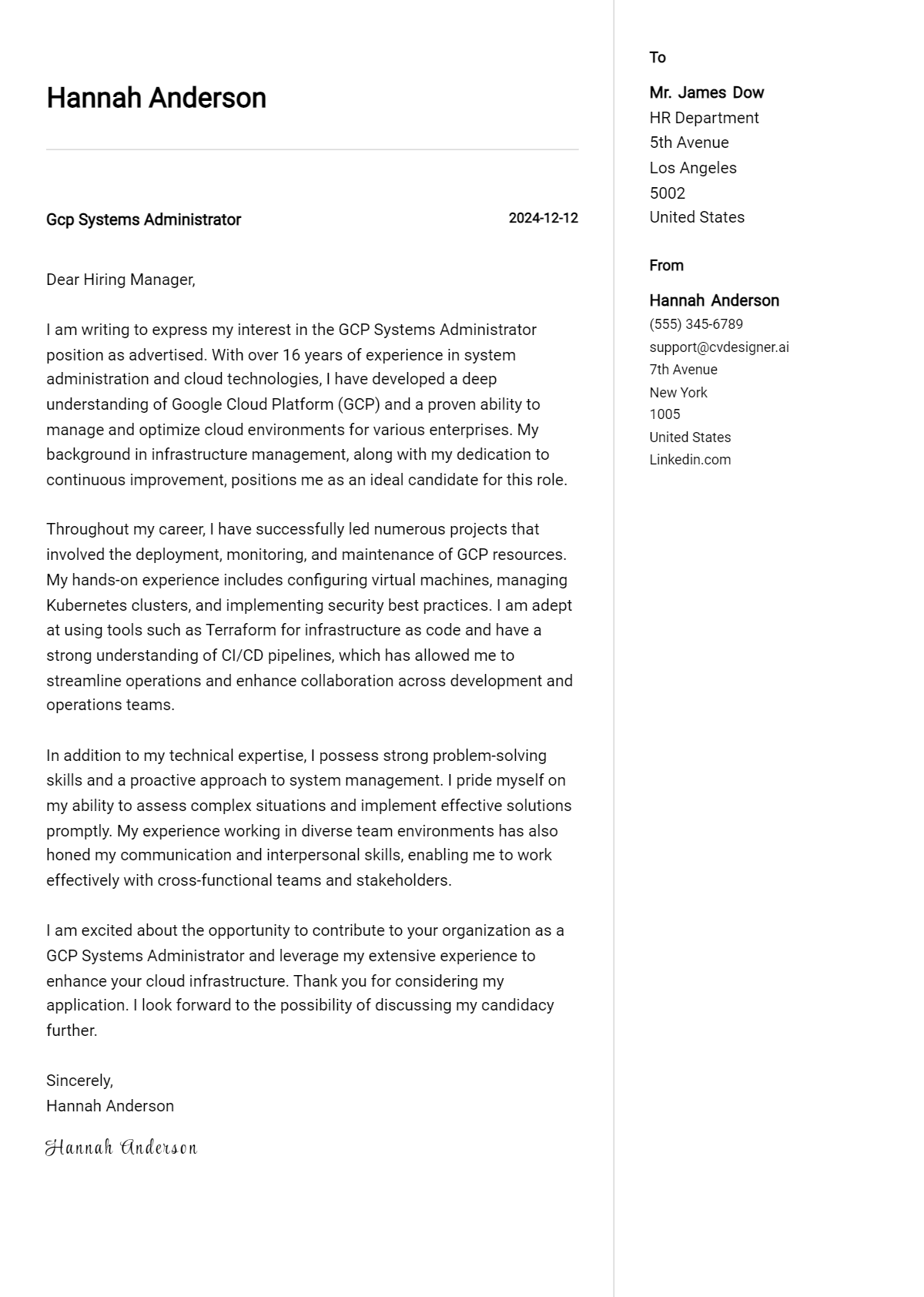 gcp systems administrator cover letter example