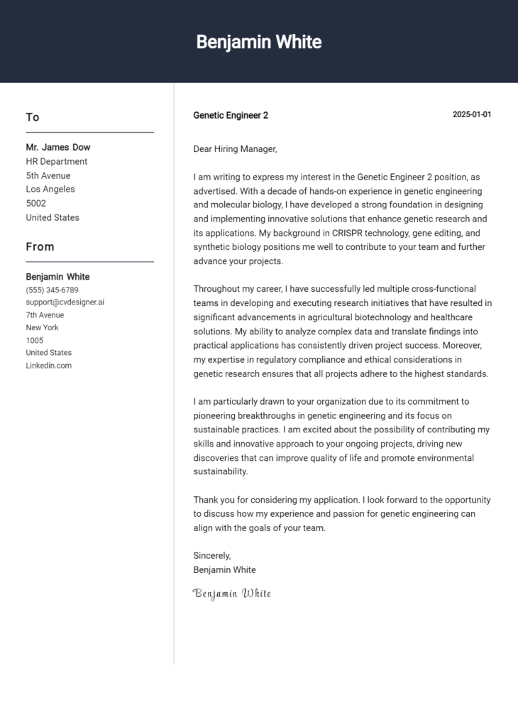 genetic engineer 2 cover letter example