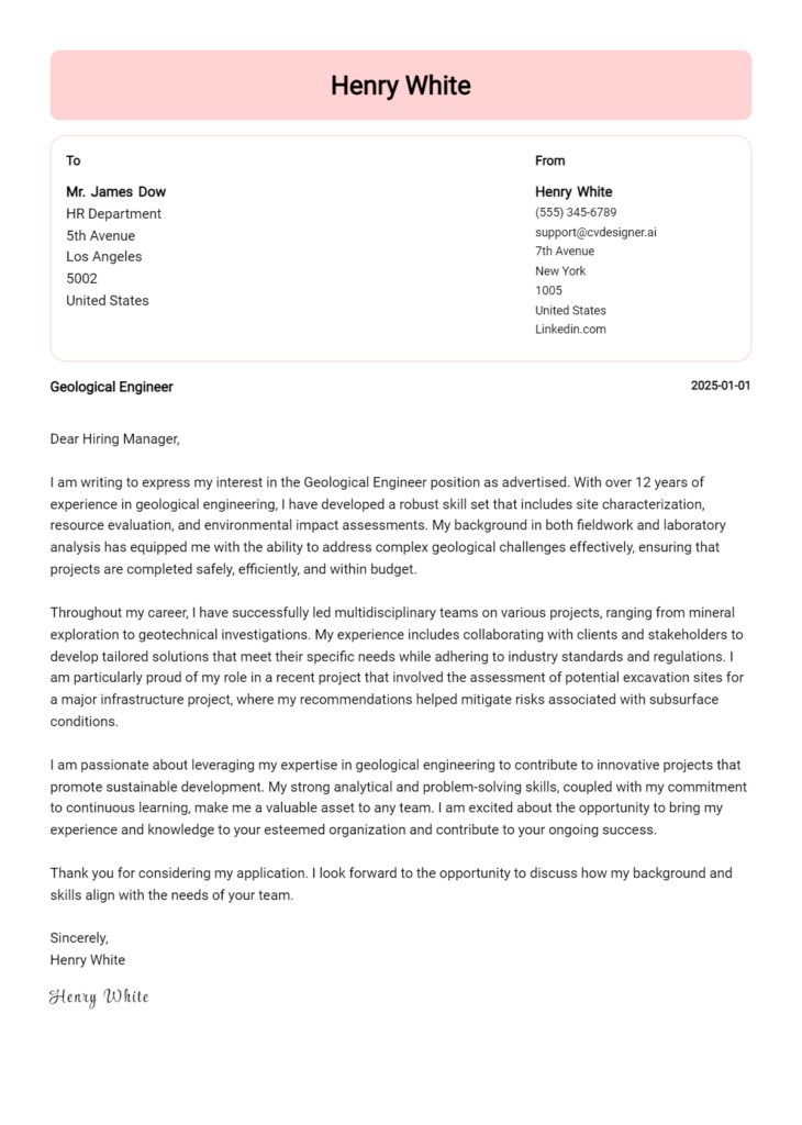 geological engineer cover letter example