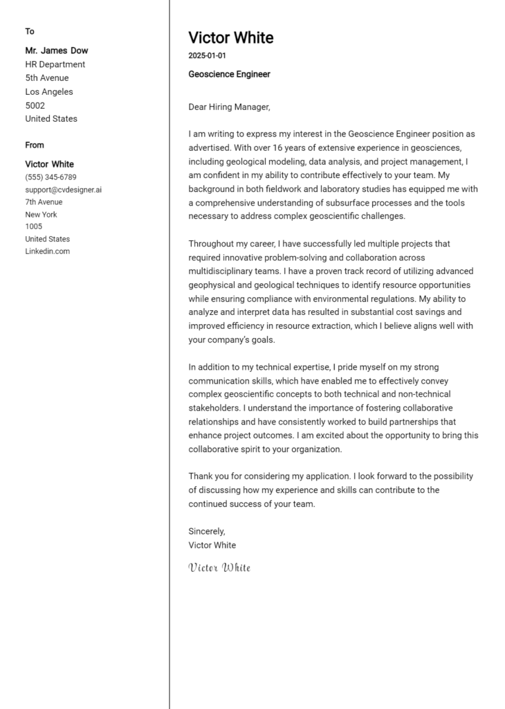 geoscience engineer cover letter example