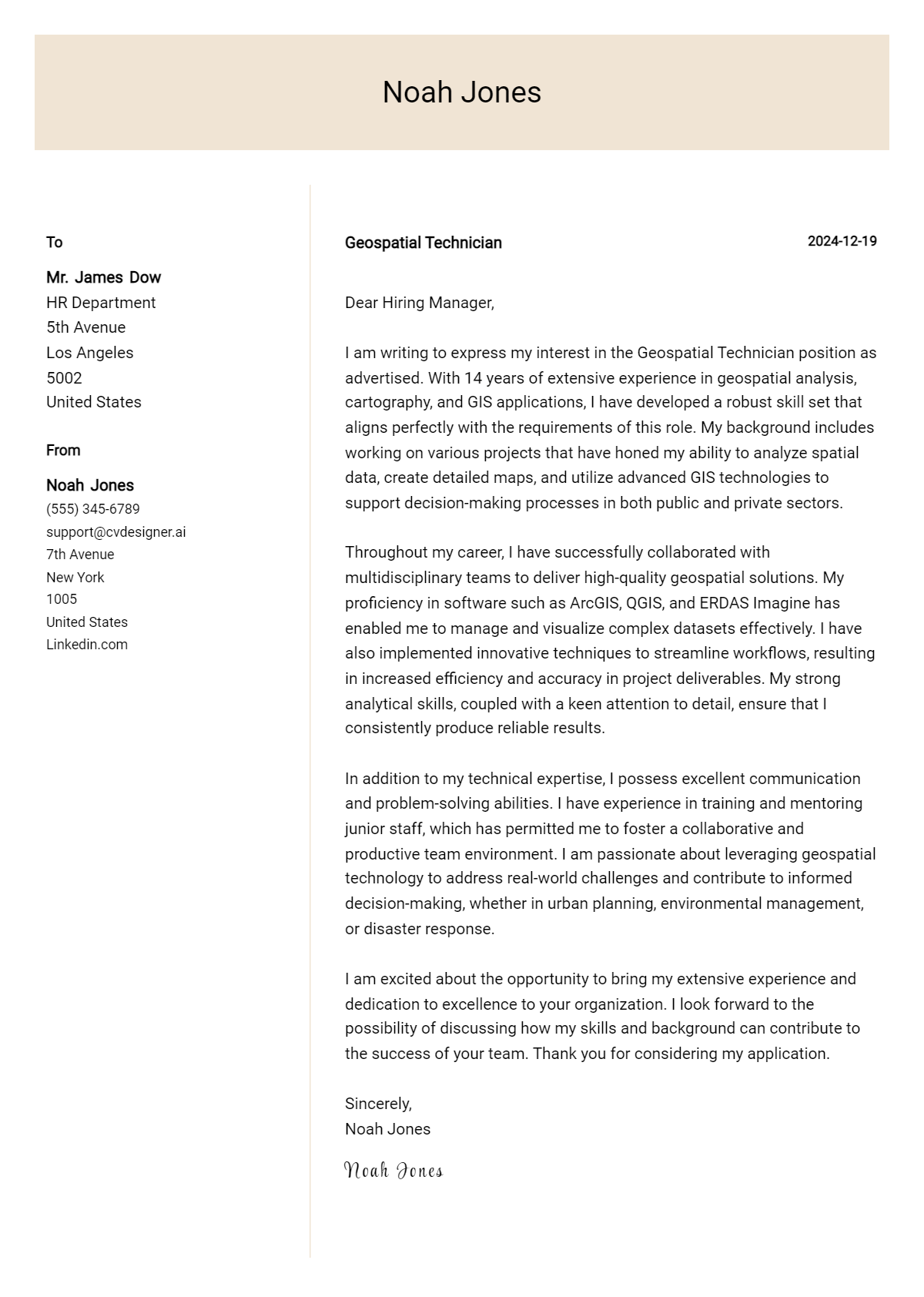 geospatial technician cover letter example