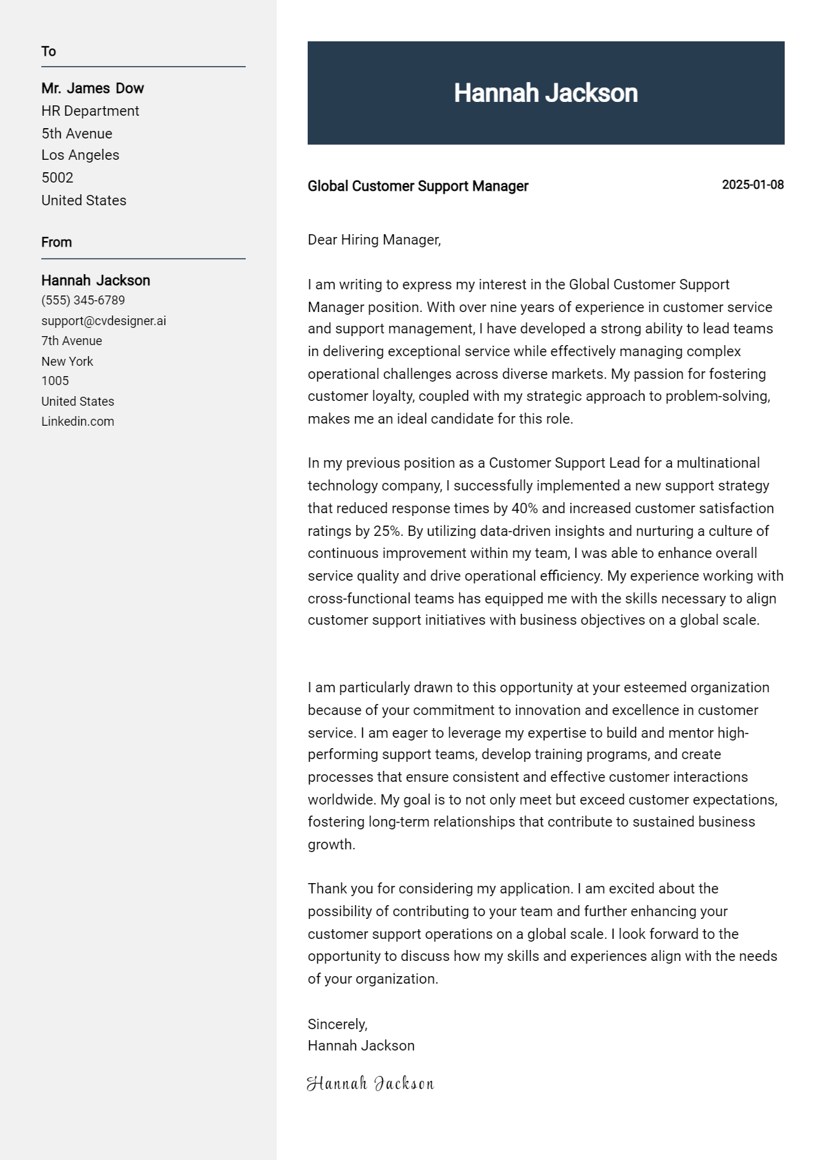 global customer support manager cover letter example