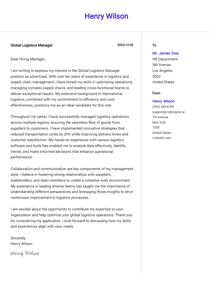 global logistics manager cover letter example