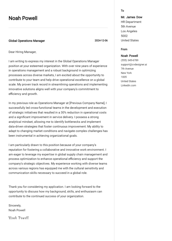 global operations manager cover letter example