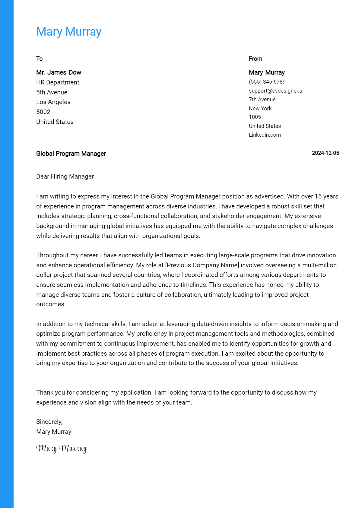 global program manager cover letter example