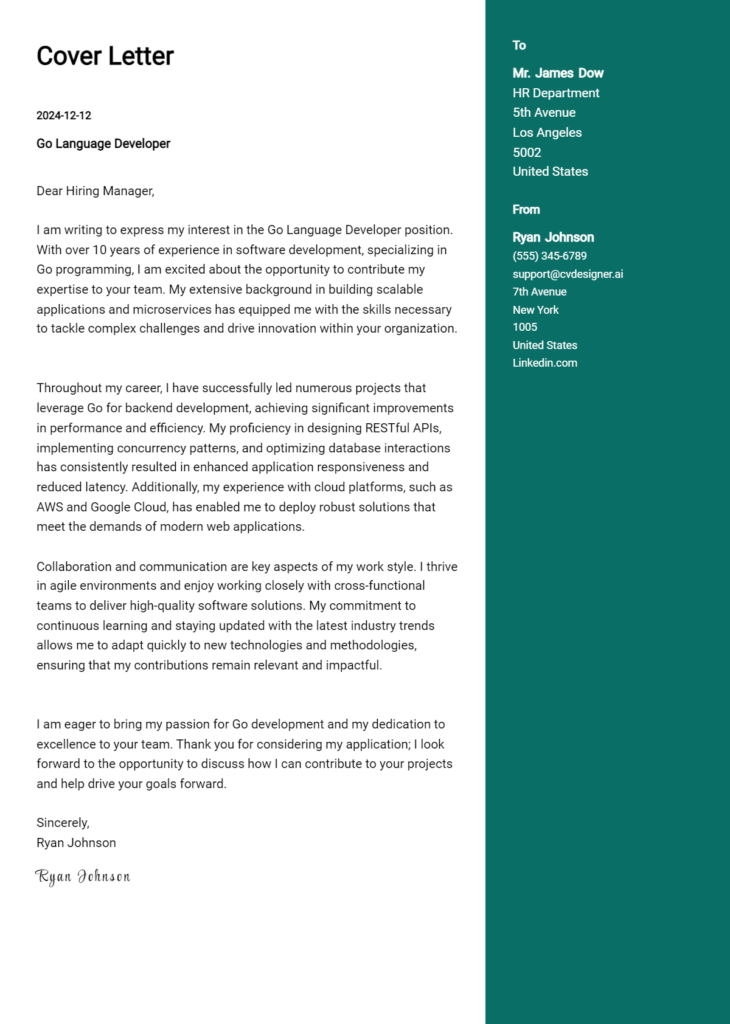 go language developer cover letter example