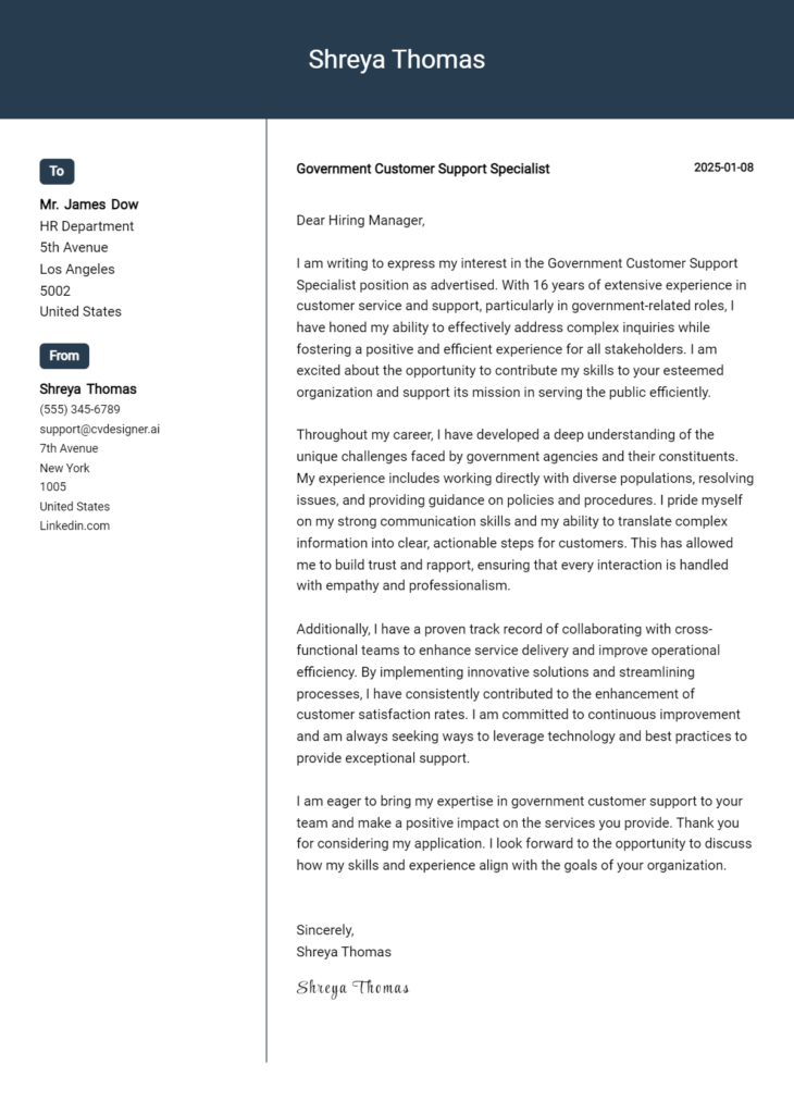 government customer support specialist cover letter example