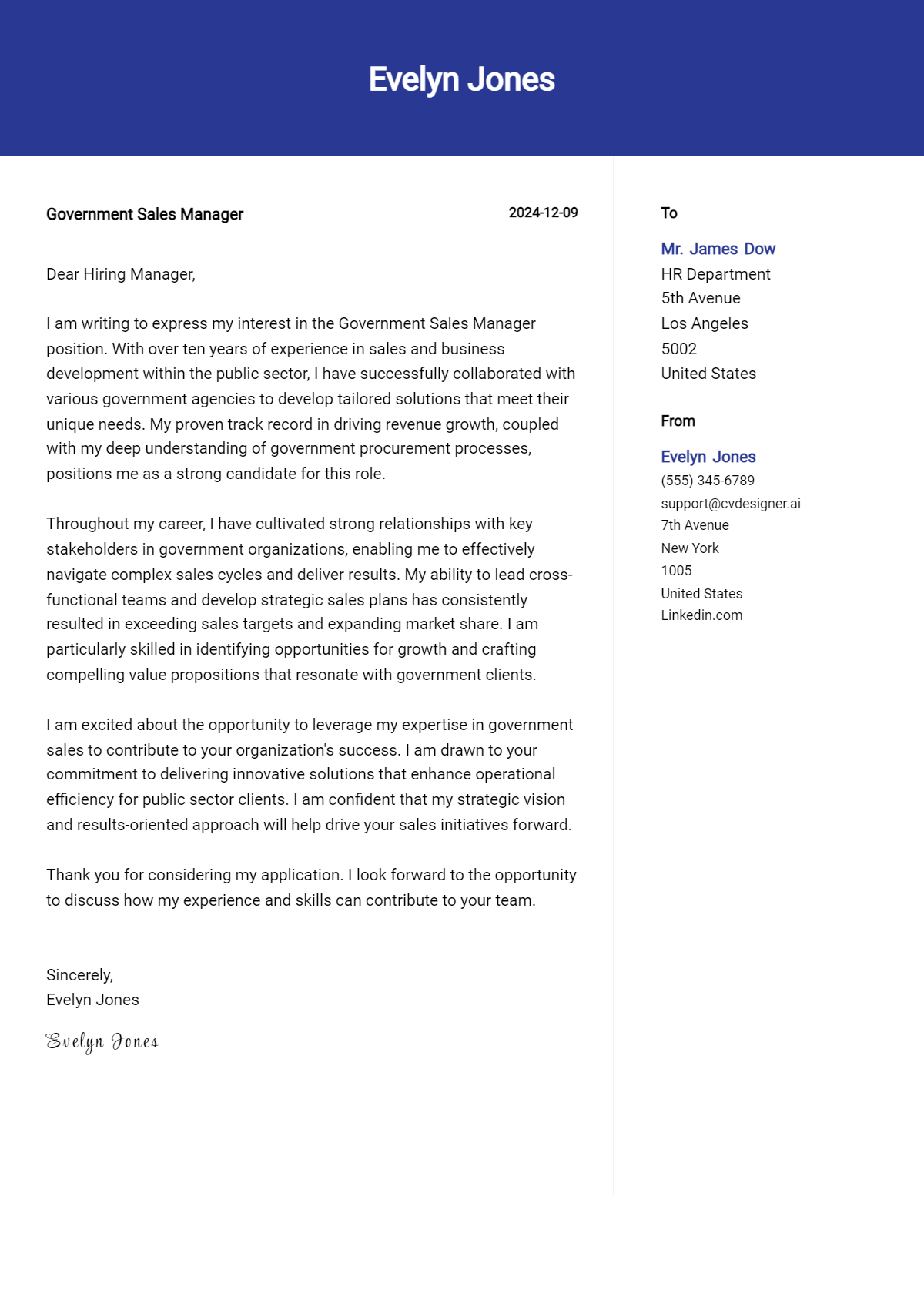 government sales manager cover letter example