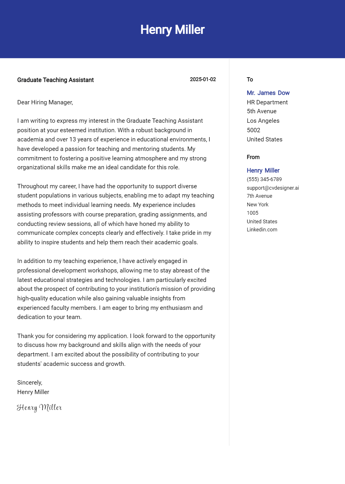 graduate teaching assistant cover letter example