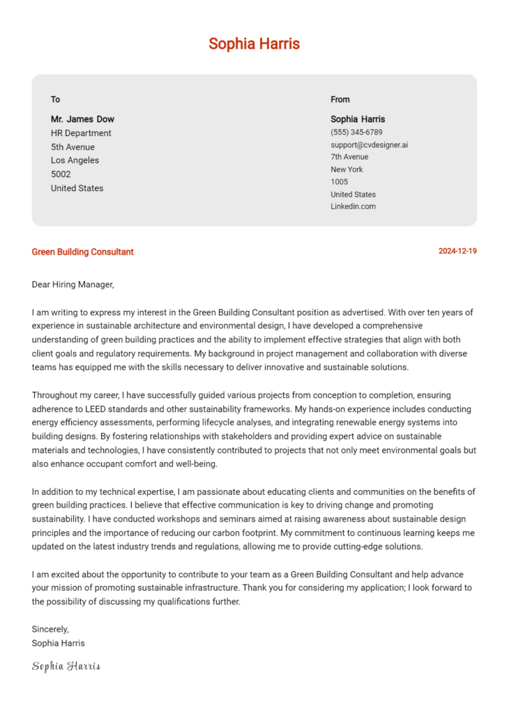 green building consultant cover letter example