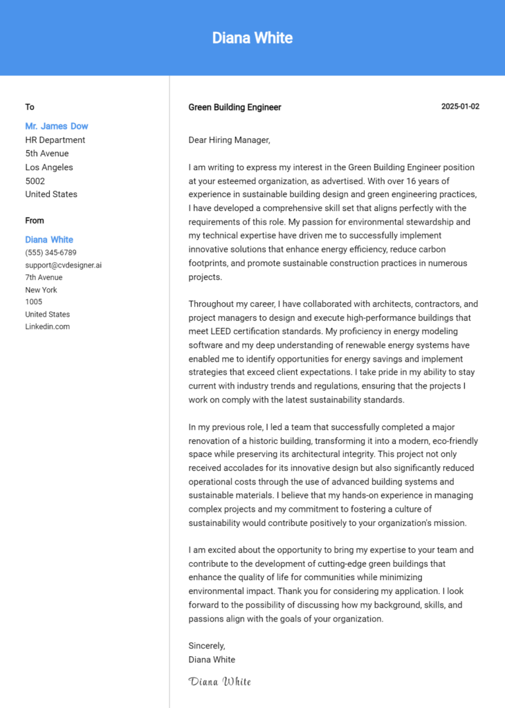 green building engineer cover letter example