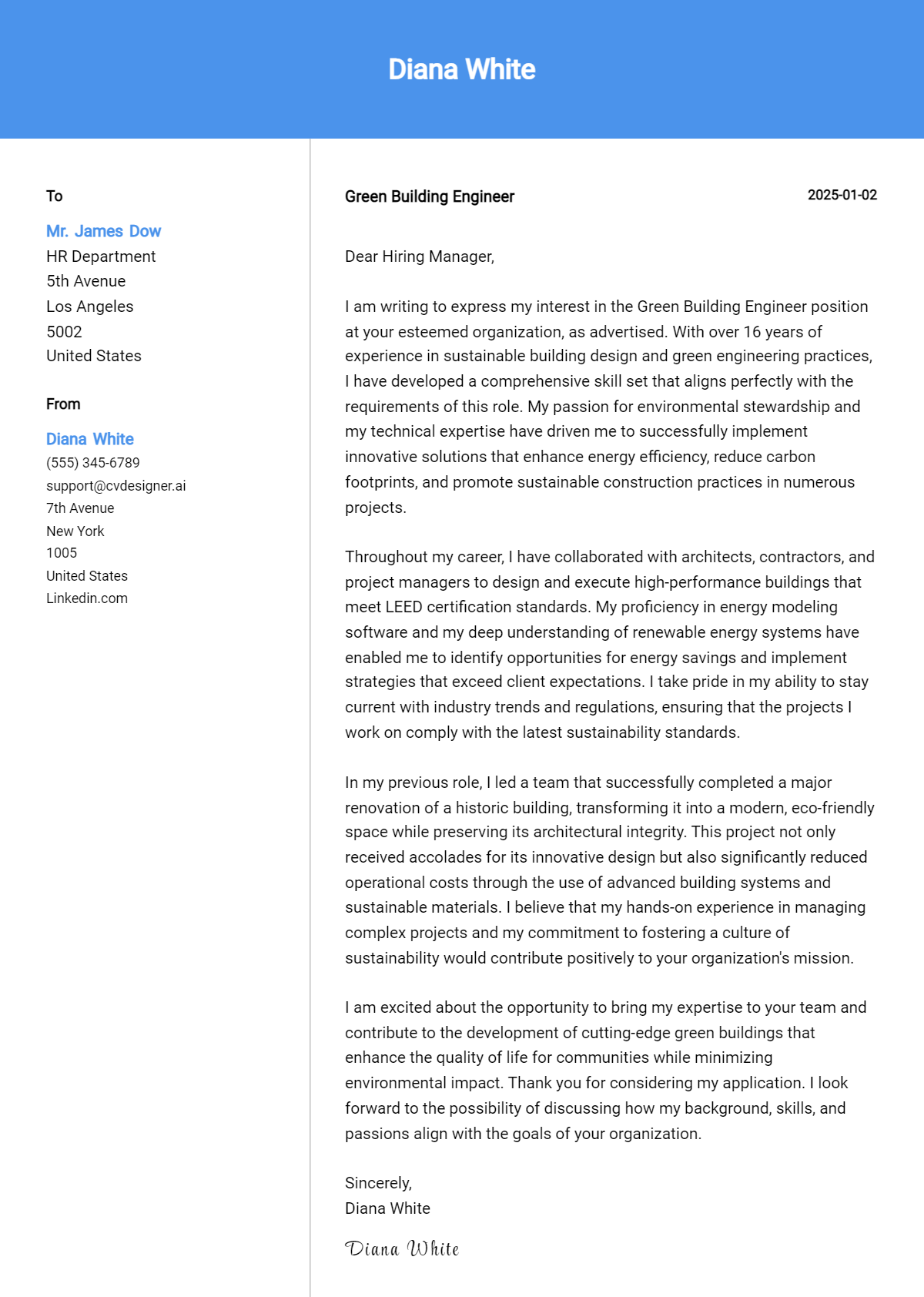 green building engineer cover letter example