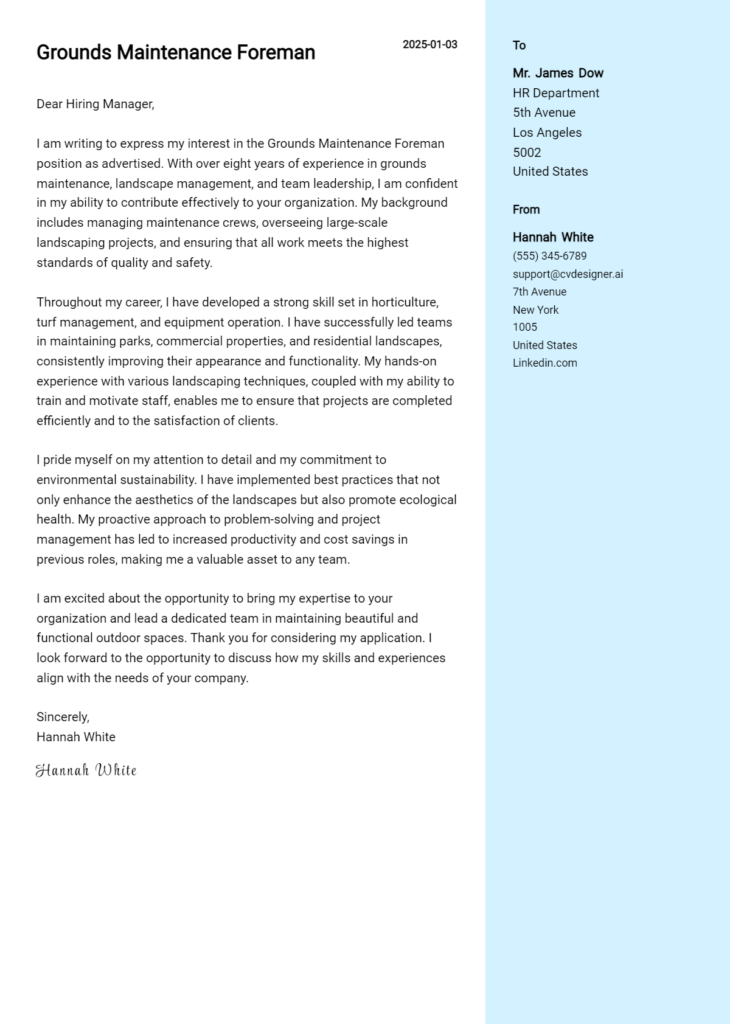 grounds maintenance foreman cover letter example