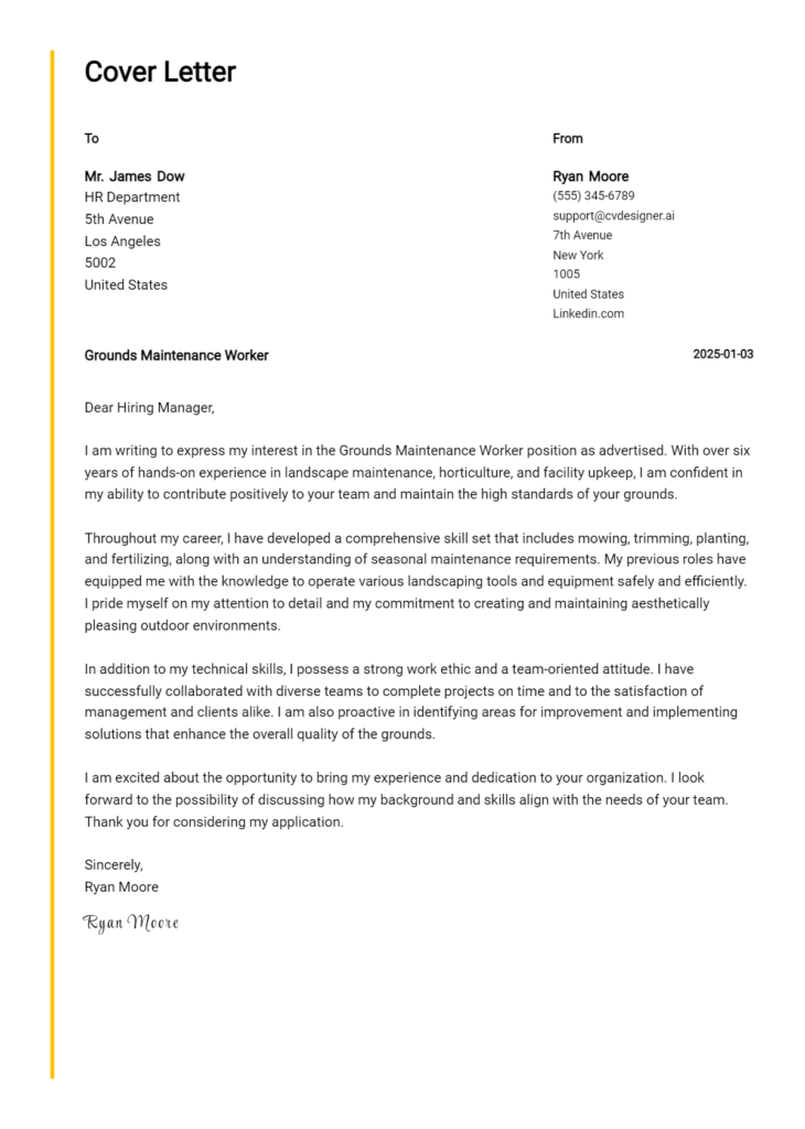 grounds maintenance worker cover letter example