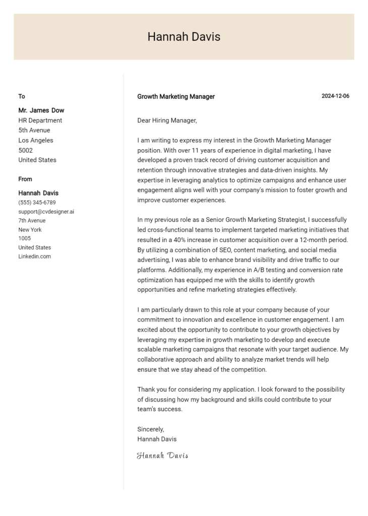 growth marketing manager cover letter example