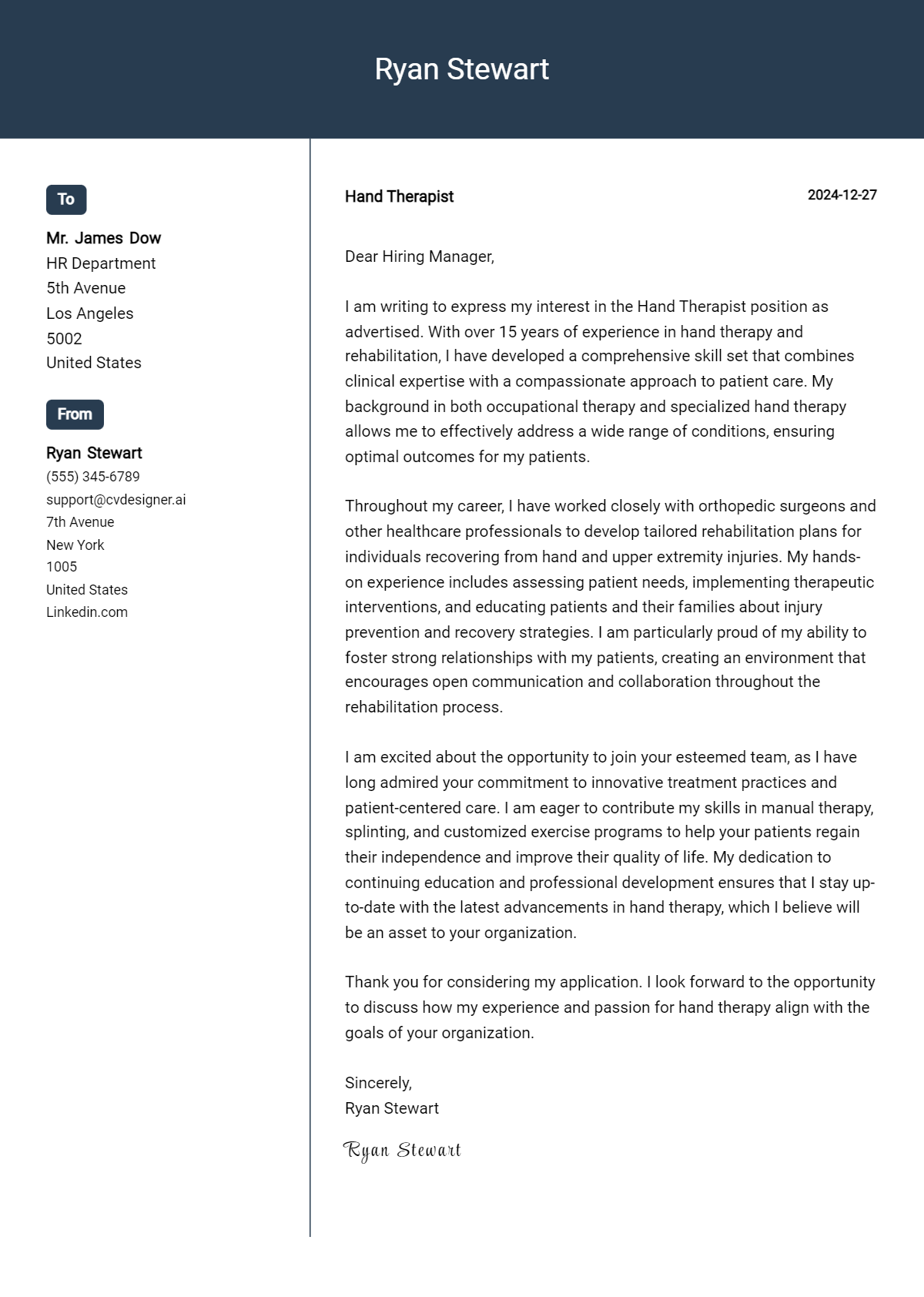 hand therapist cover letter example