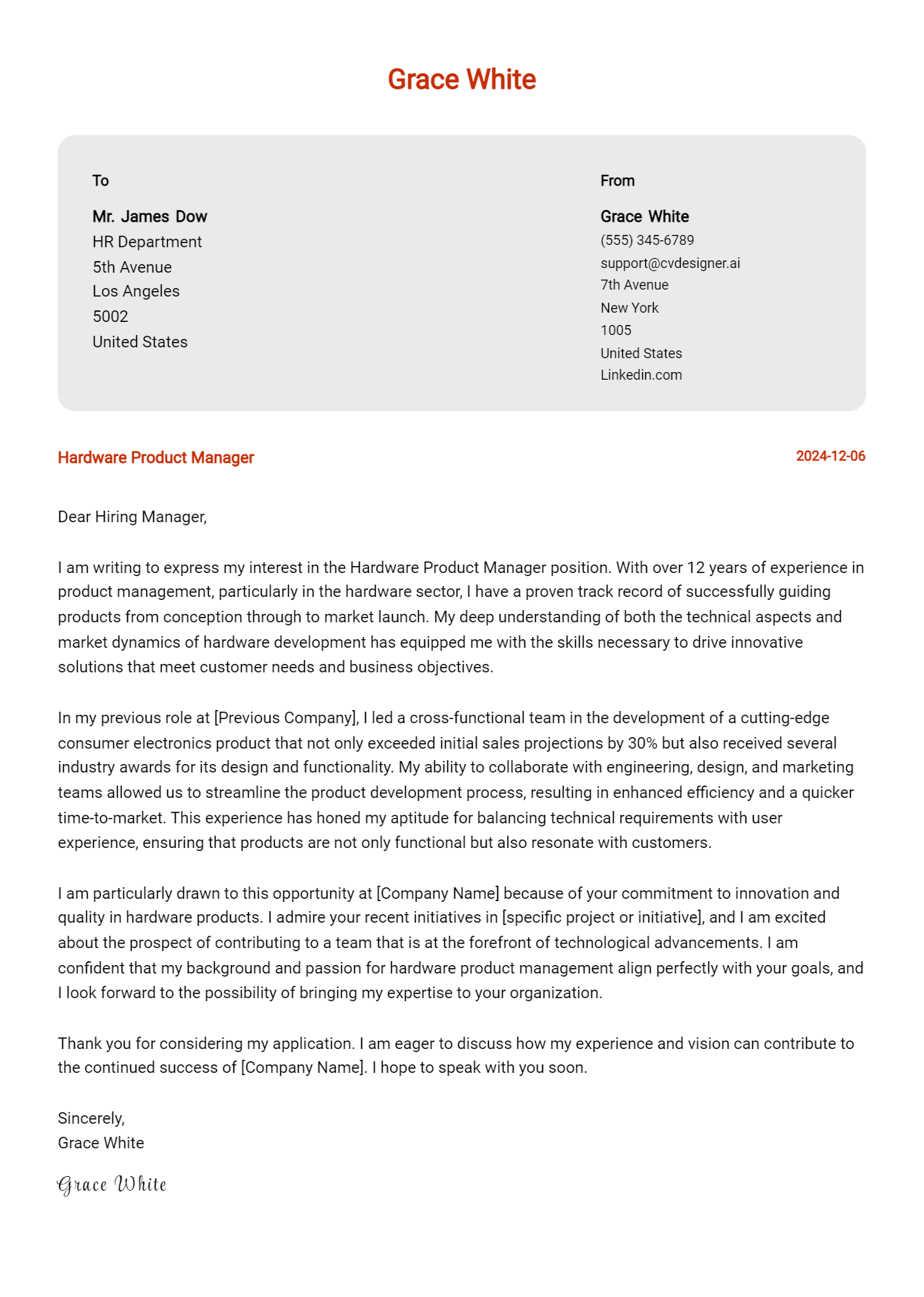 hardware product manager cover letter example