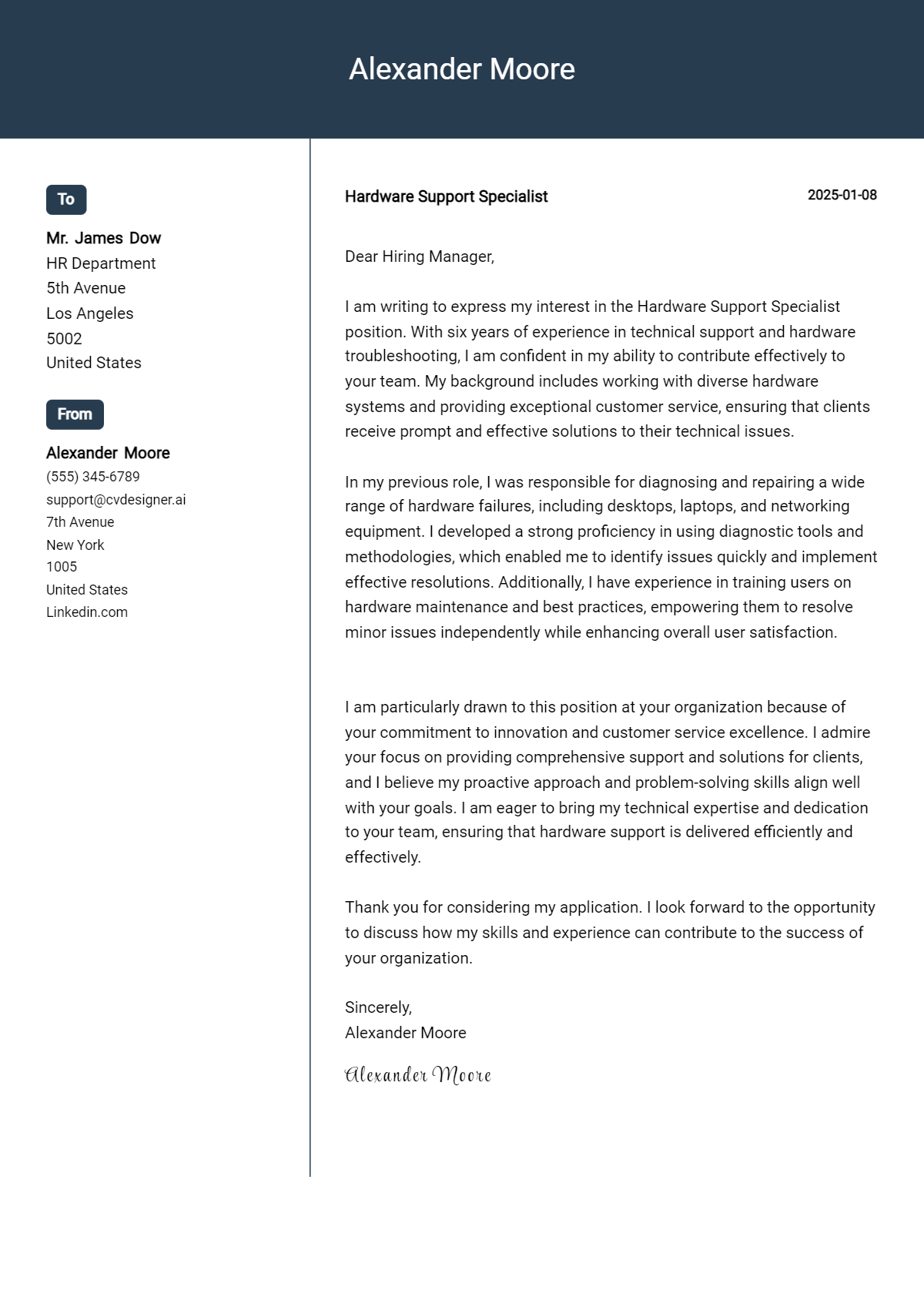 hardware support specialist cover letter example