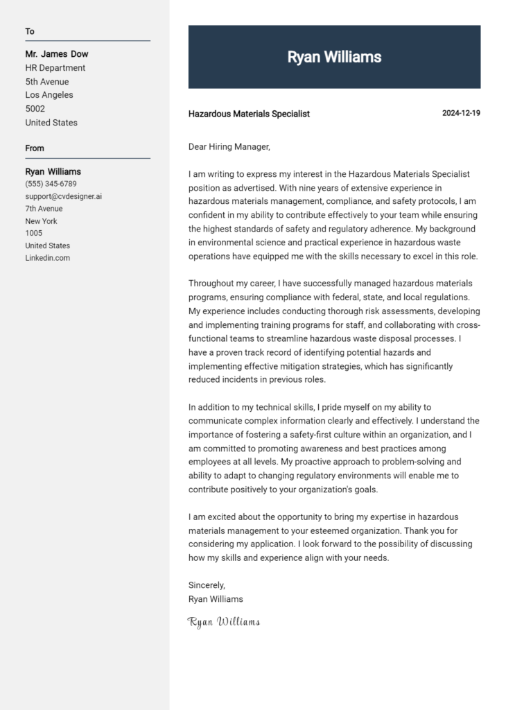 hazardous materials specialist cover letter example