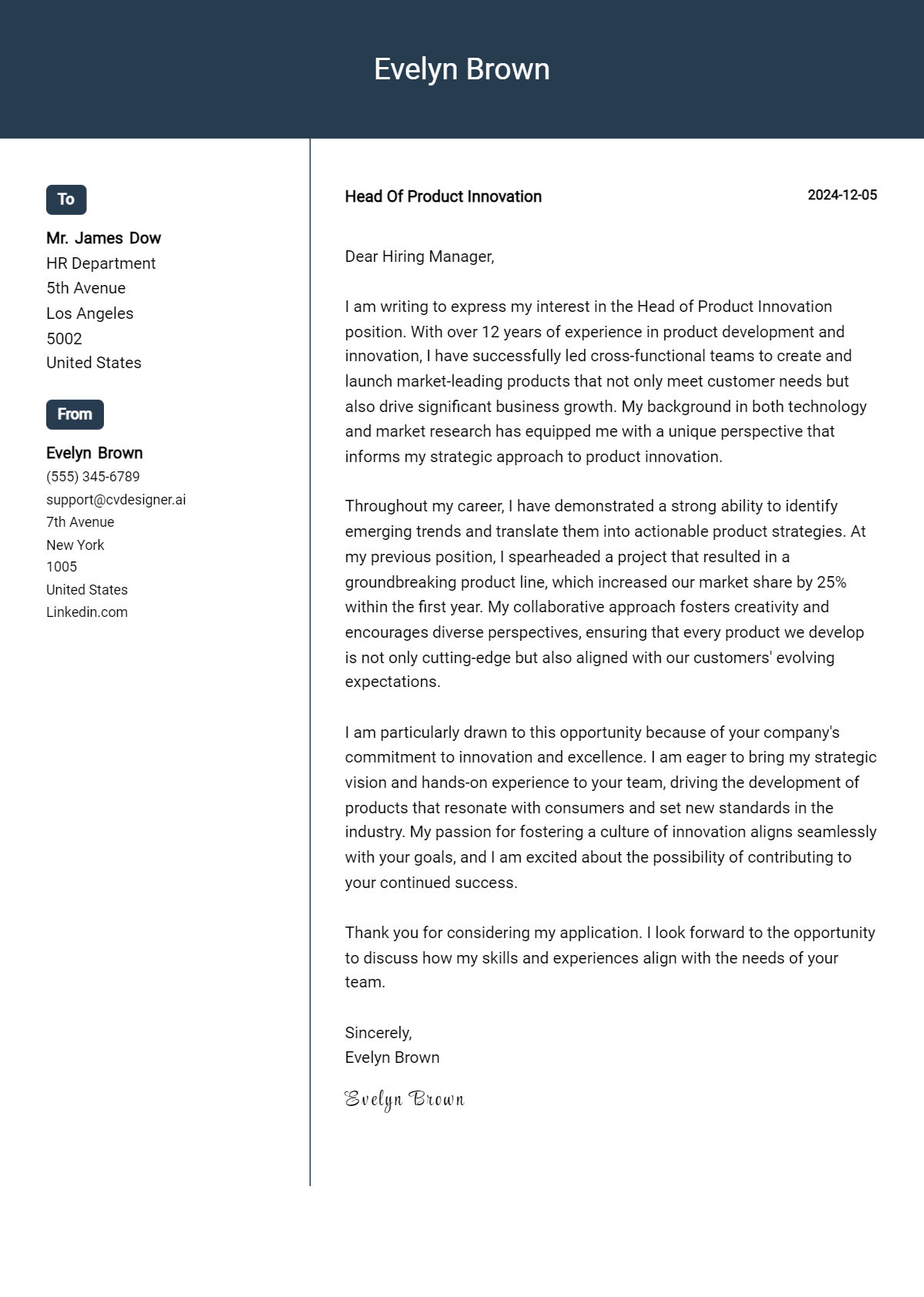 head of product innovation cover letter example