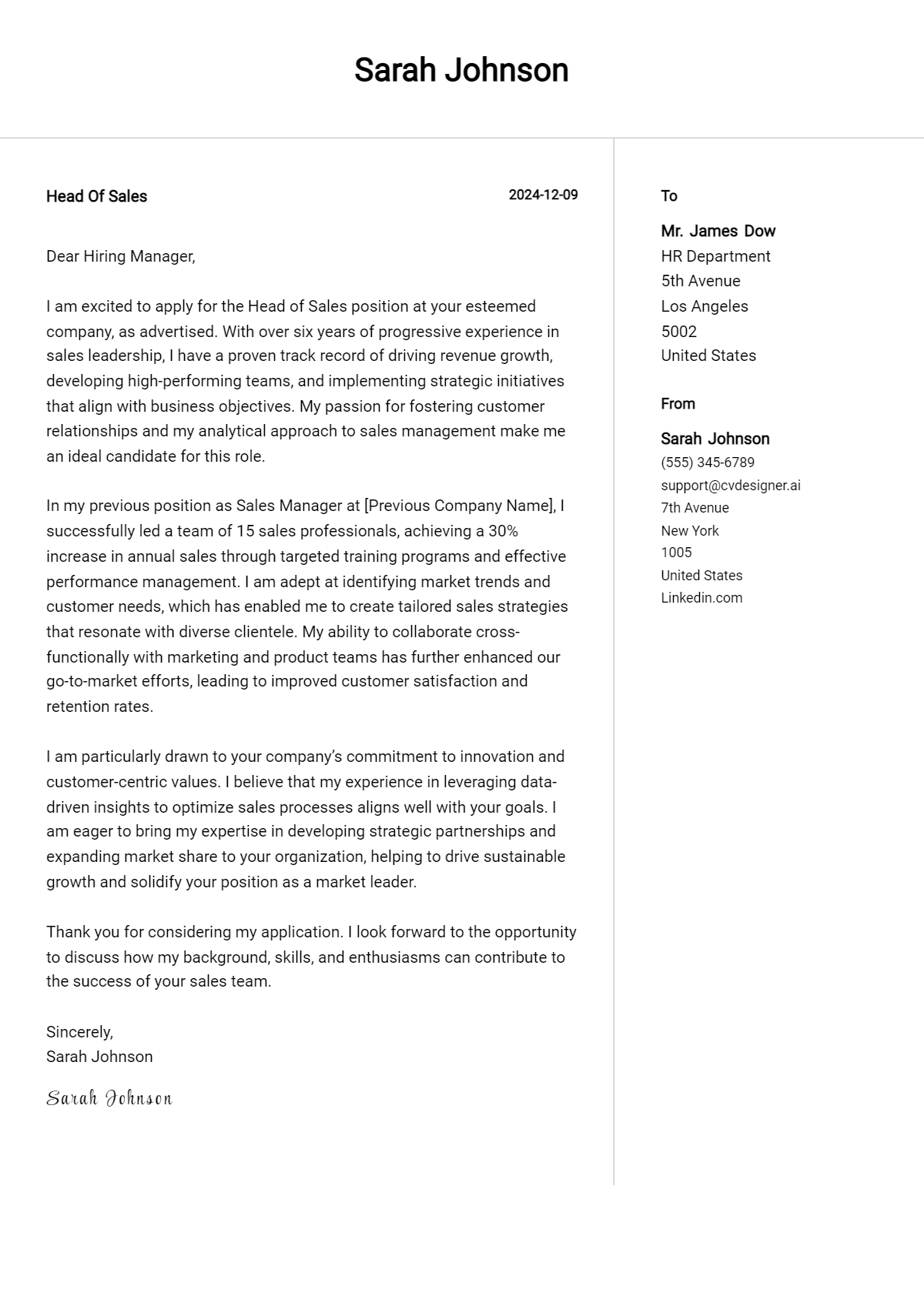 head of sales cover letter example