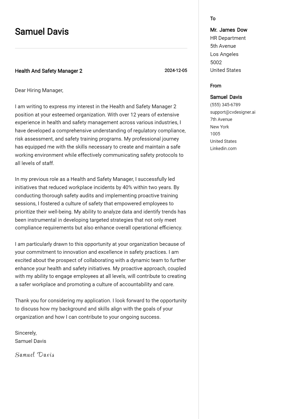 health and safety manager 2 cover letter example