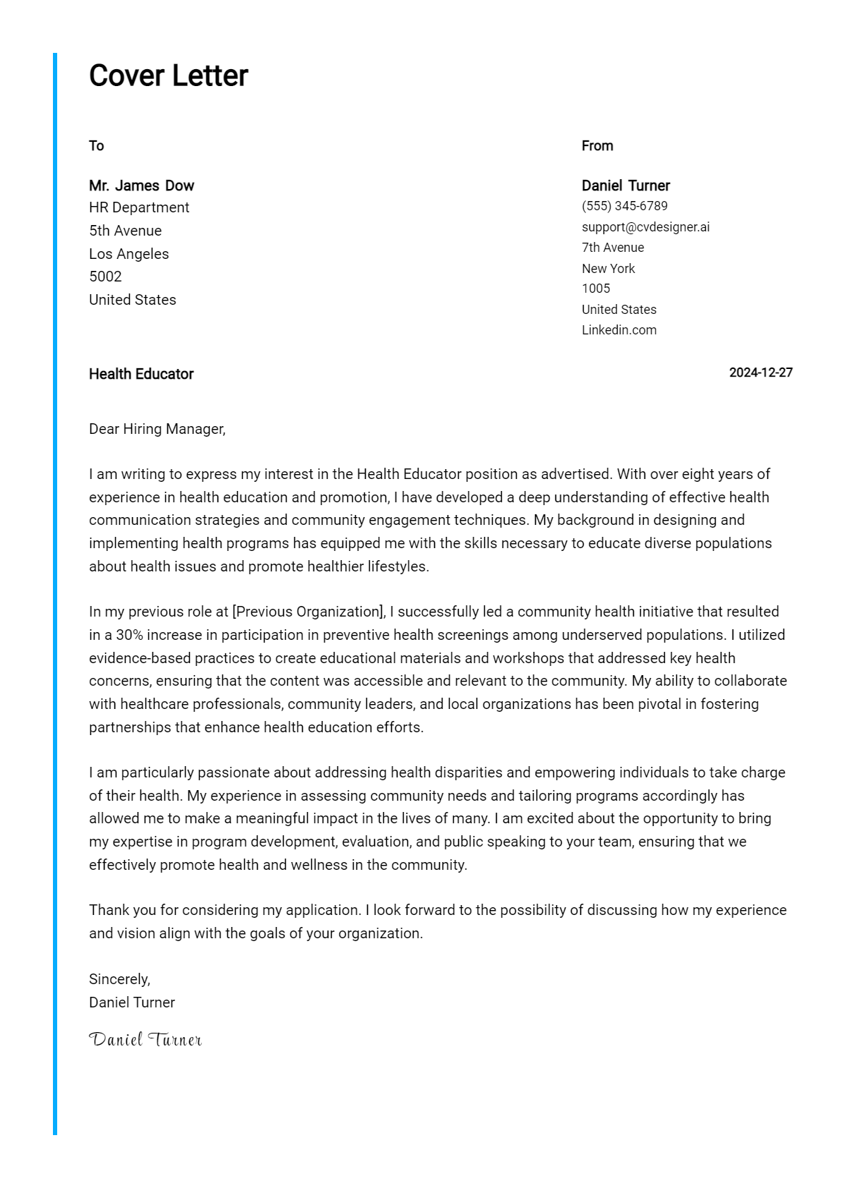 health educator cover letter example