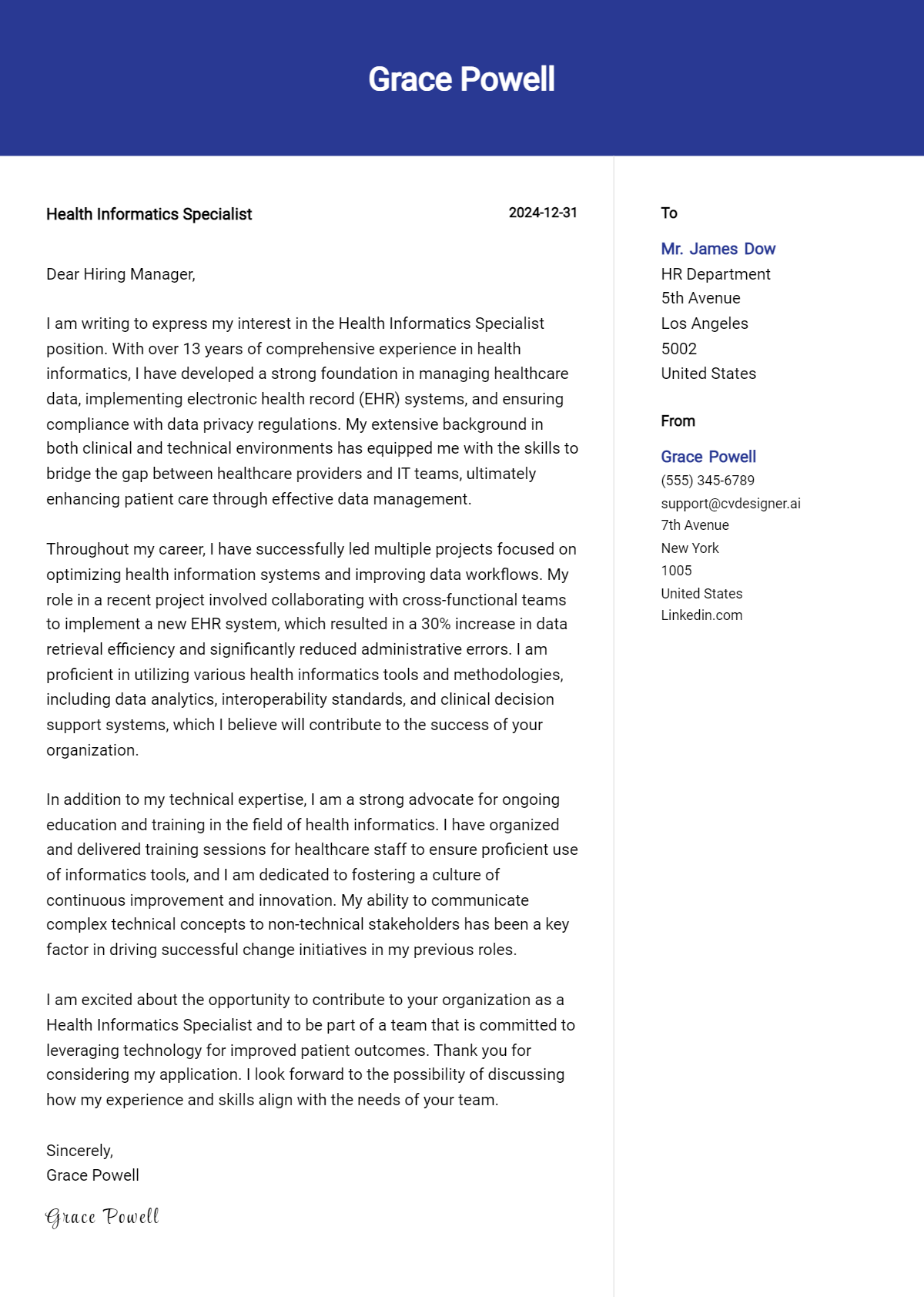 health informatics specialist cover letter example