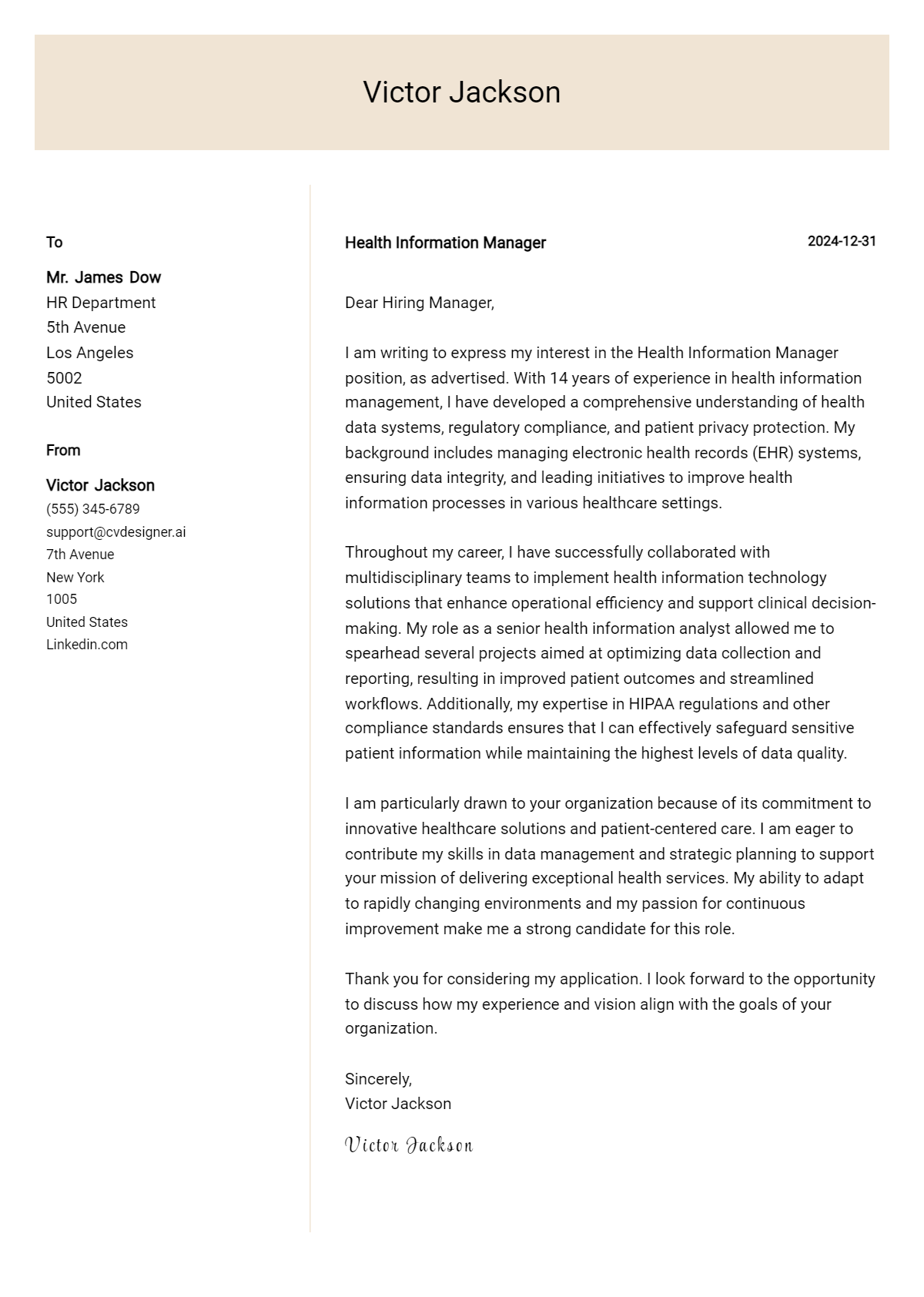 health information manager cover letter example