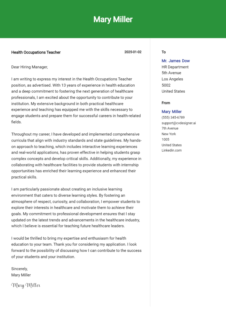 health occupations teacher cover letter example