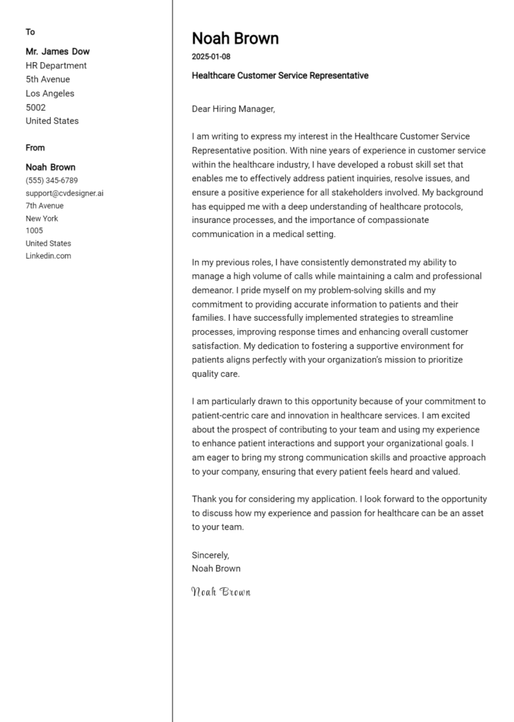 healthcare customer service representative cover letter example