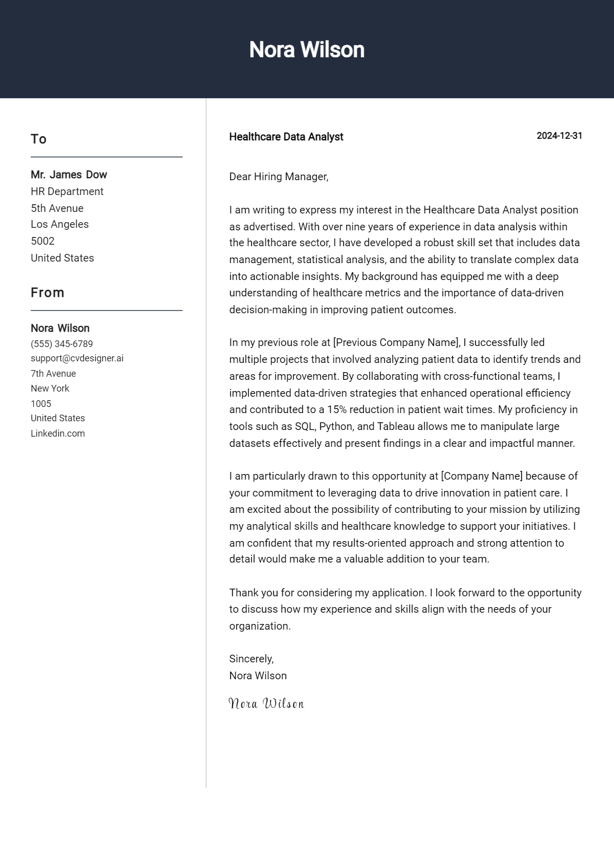 healthcare data analyst cover letter example