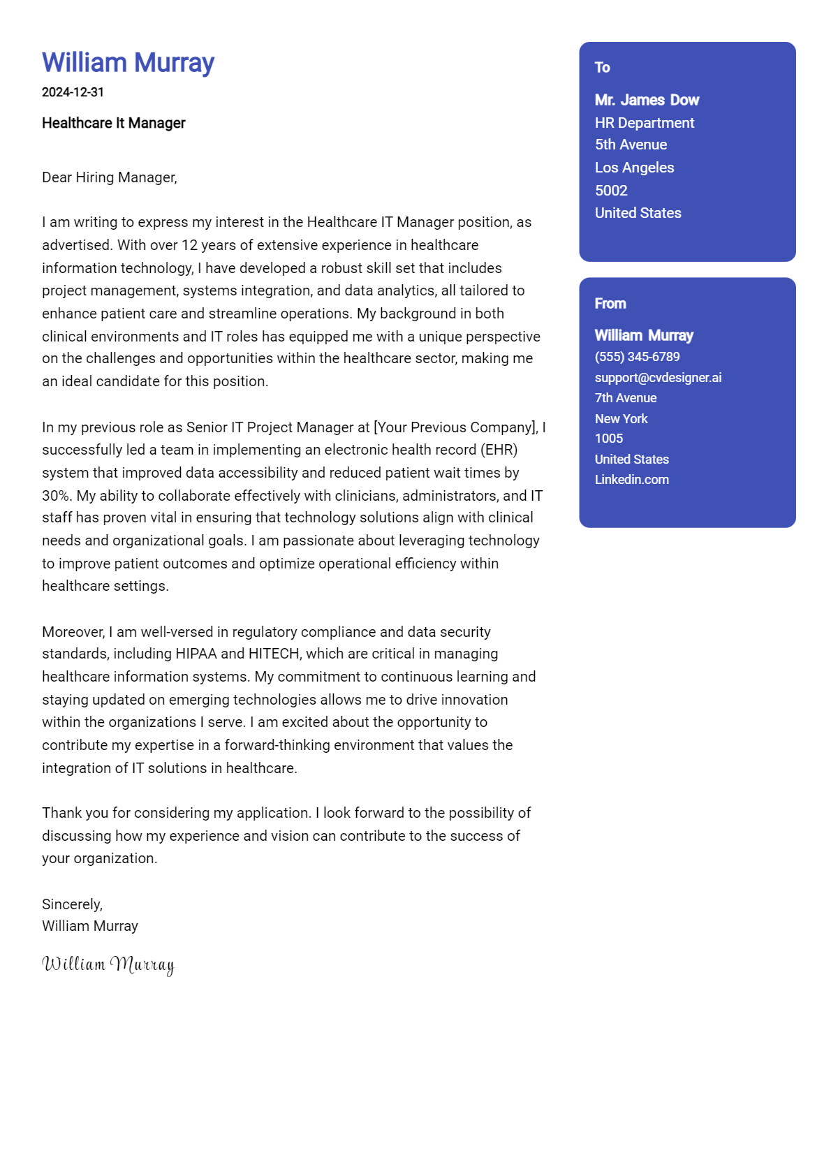 healthcare it manager cover letter example