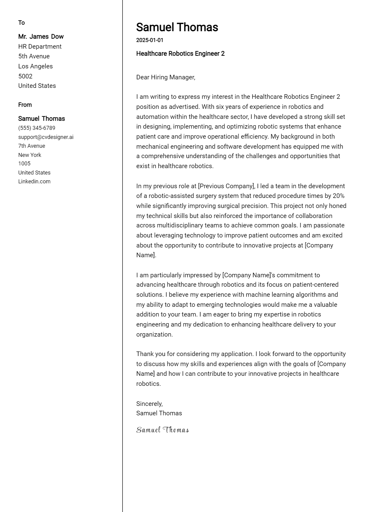 healthcare robotics engineer 2 cover letter example