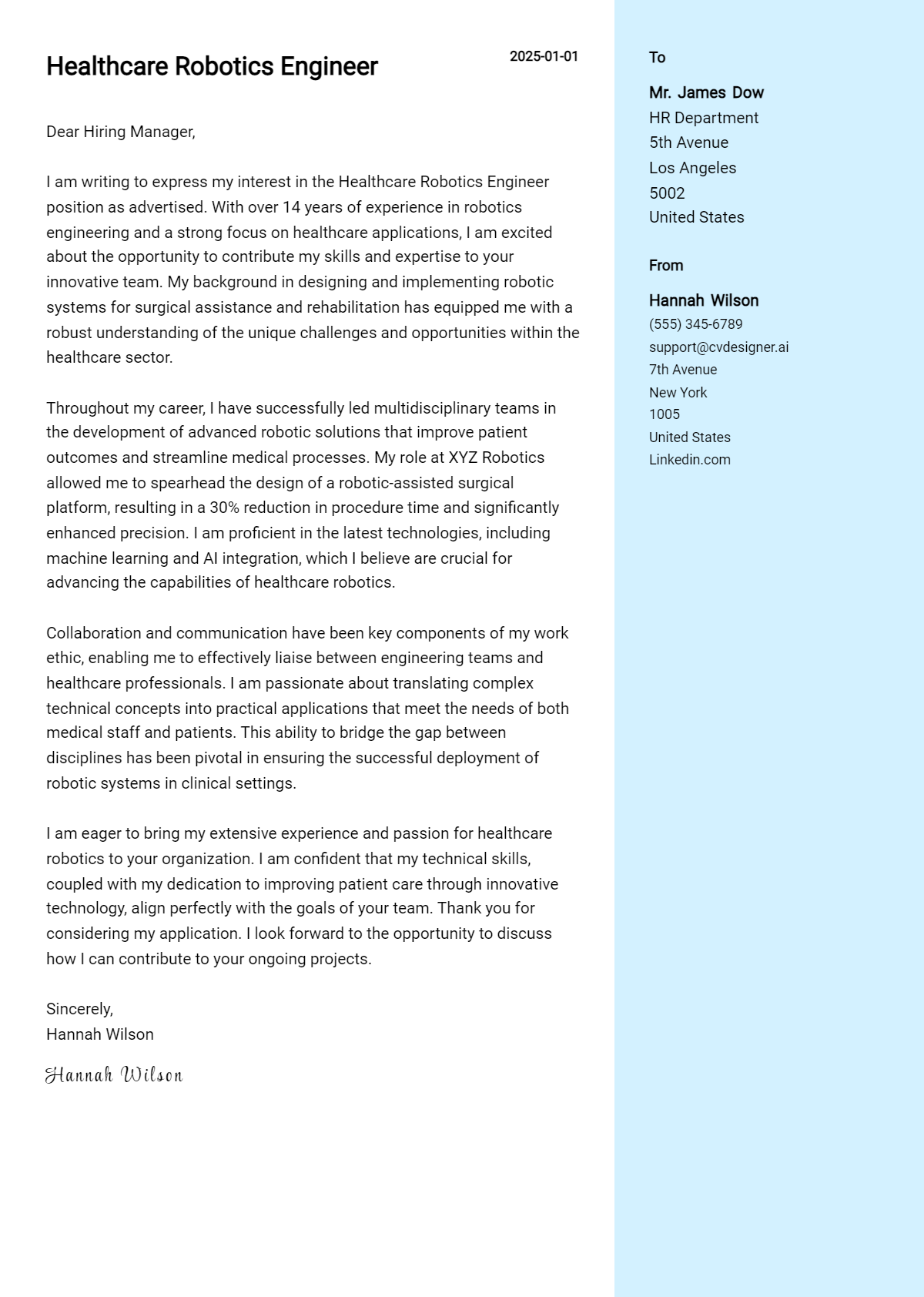 healthcare robotics engineer cover letter example